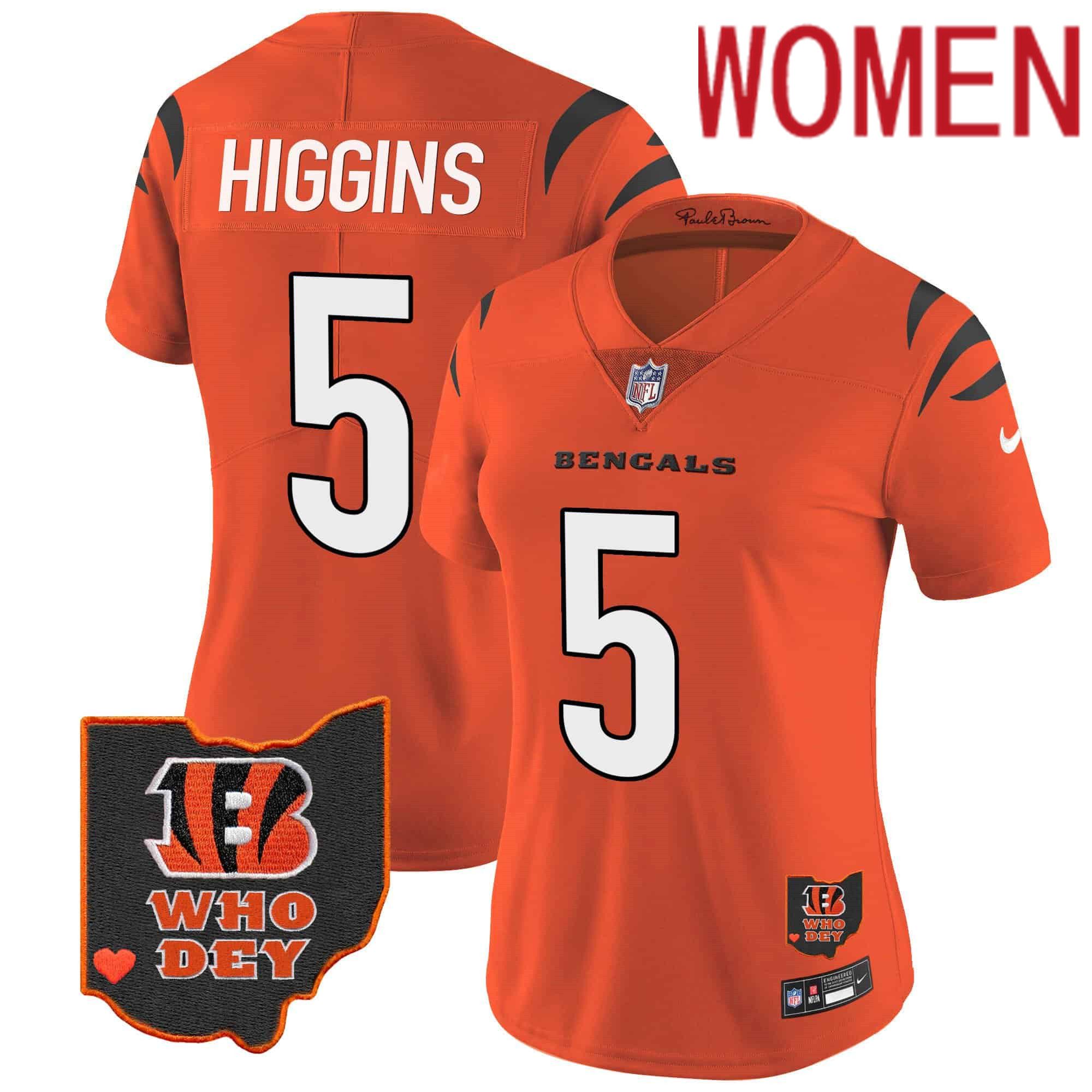 Women Cincinnati Bengals #5 Higgins Orange 2024 Nike Patch Vapor Limited NFL Jersey